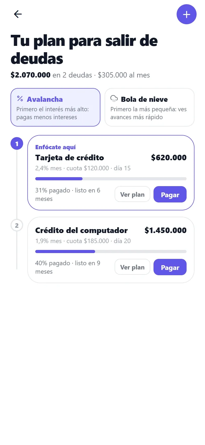 Pantalla real de FinancyAI: plan para salir de deudas con el saldo y la cuota de cada una