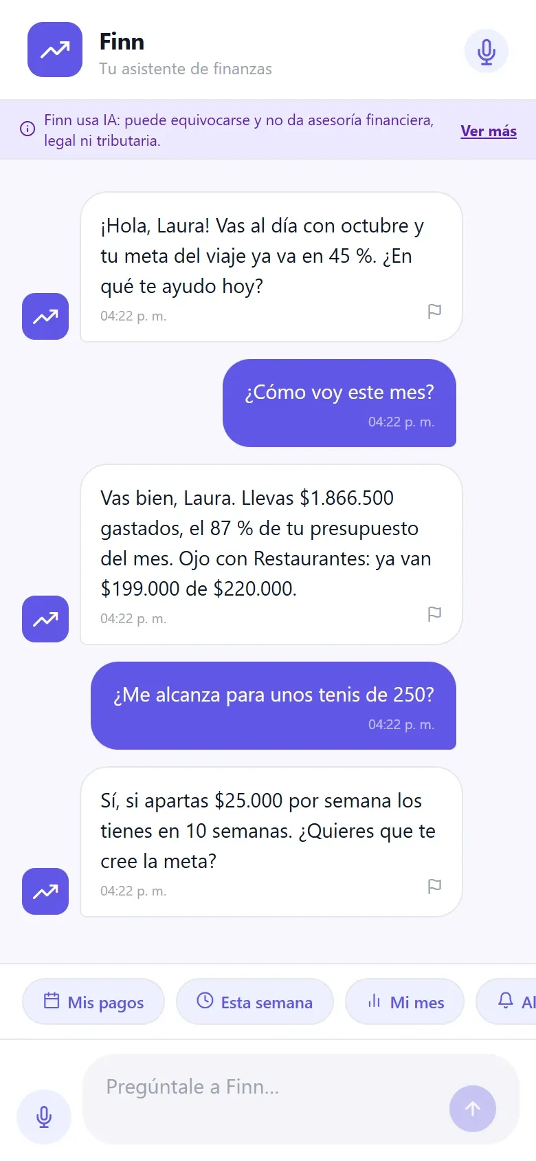 Pantalla real de FinancyAI: chat con Finn respondiendo cómo vas en el mes