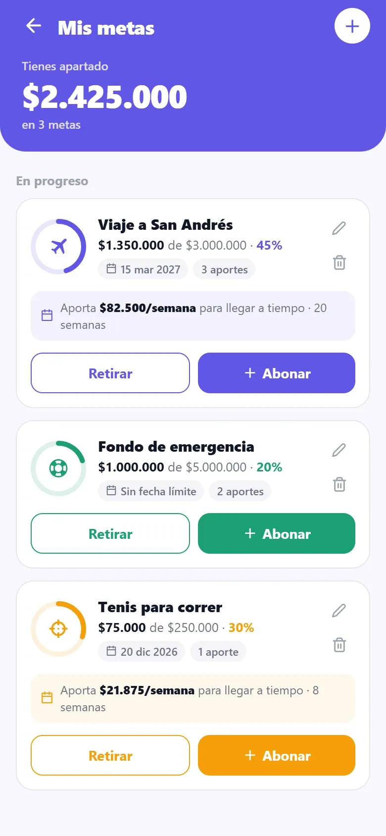 Pantalla real de FinancyAI: metas de ahorro con su avance